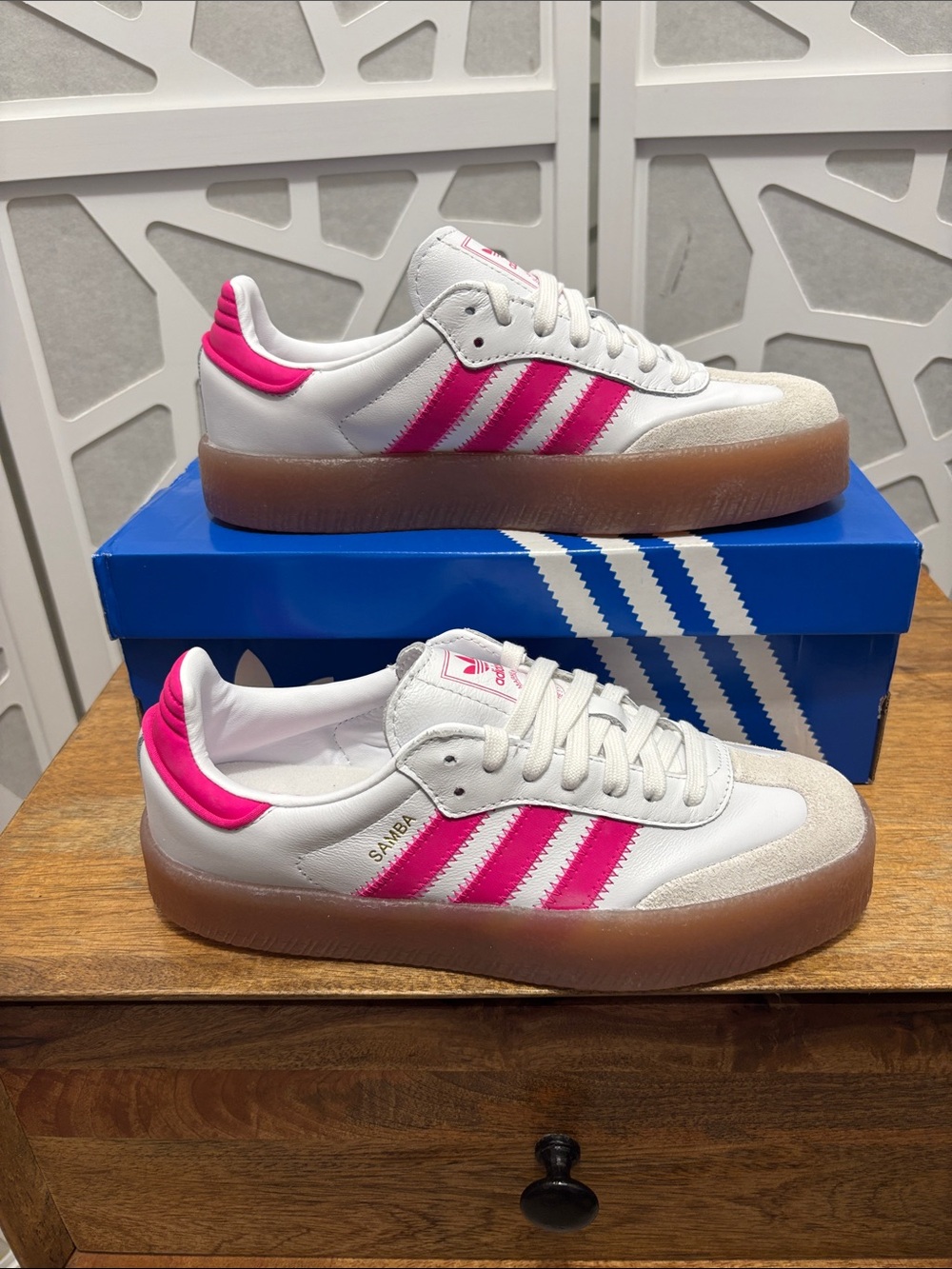 adidas Kids Sambae J Sneakers in White & Hot Pink with Gum Sole